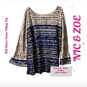 NIC & ZOE Over Sized Bell Sleeve  Top Navy, Brown, Gray Black & White